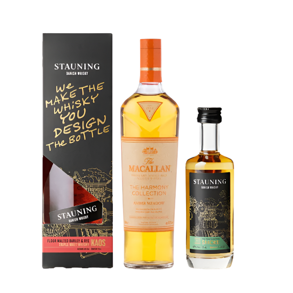 Oplev en unik whiskyoplevelse med Stauning KAOS Design Edition, The Macallan Amber Meadow og Stauning Smoke. Flasker
